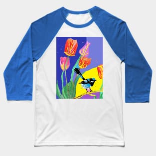 Abstract Blue Wren and Tulips Painting - on Multicoloured Baseball T-Shirt